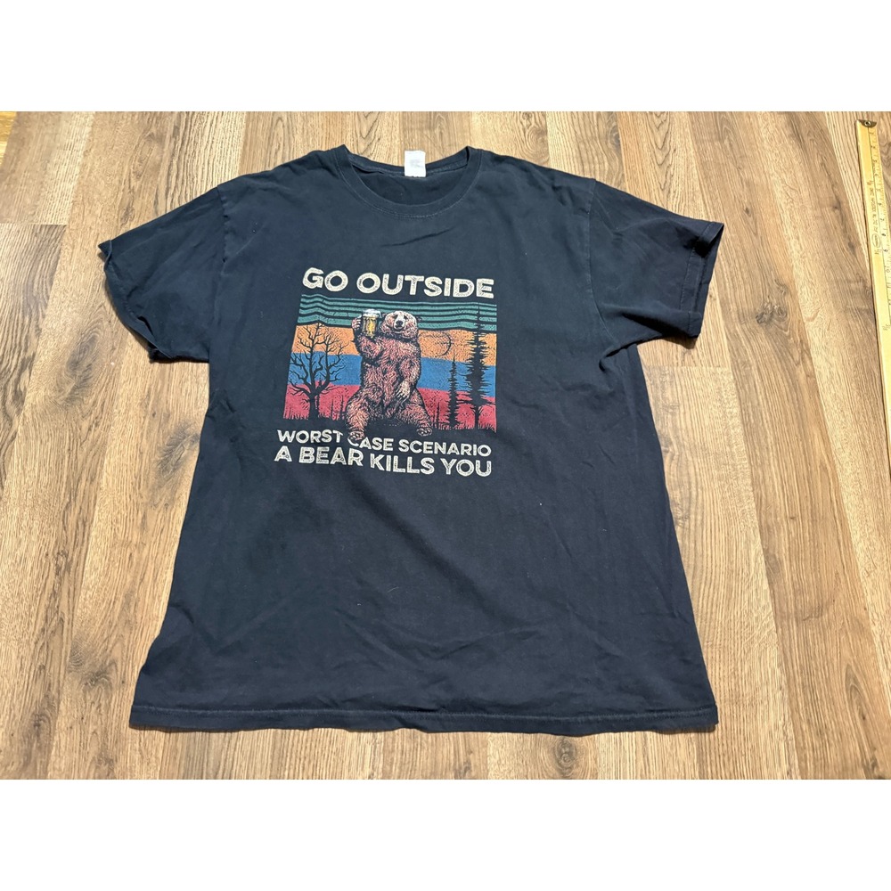 Gildan Shirts Mens Size Large Black Graphic Humor Go Outside Bear Kills You
